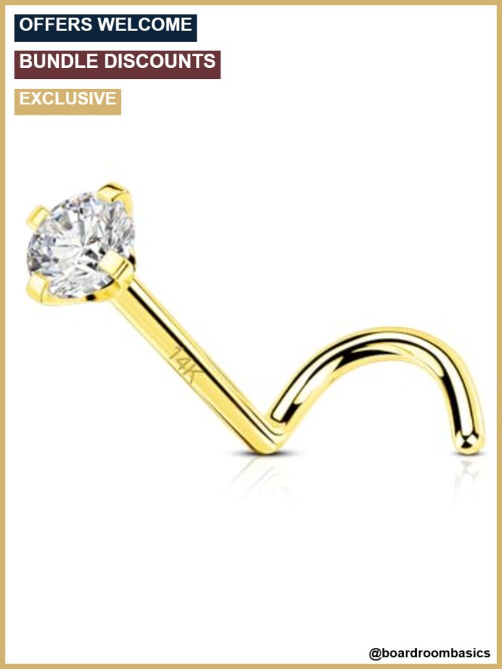 14K Solid Real Gold Zircon Nose Stud S Shape Nostril Screw 20G Piercing